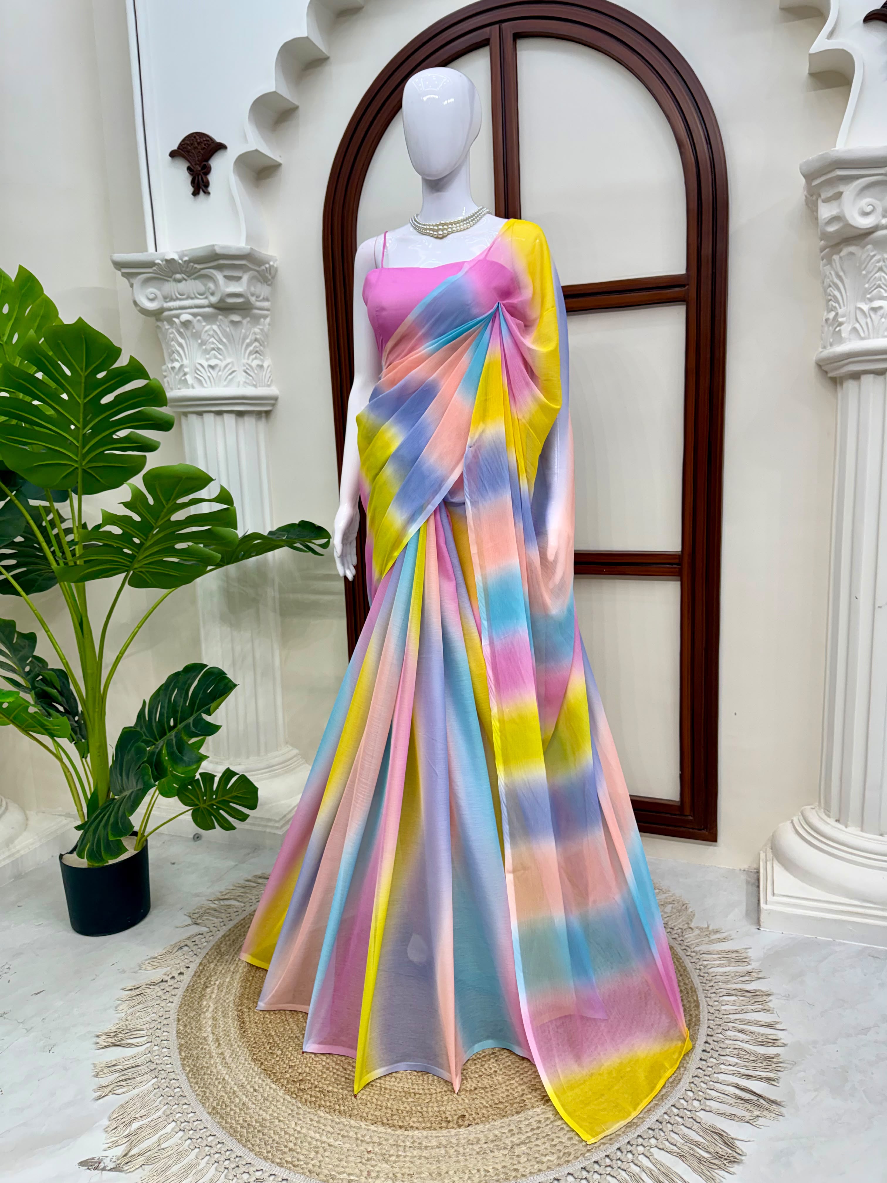 Designer Digital Print Silver Chiffon Saree in Blush Pink — photo 3
