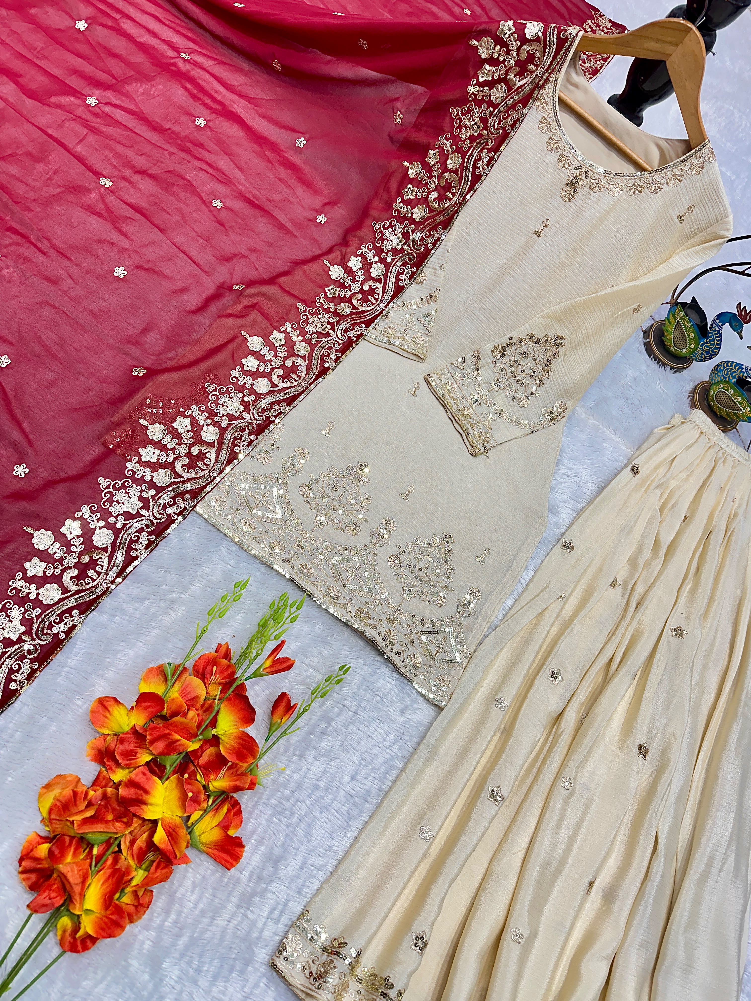 Designer Chinon Silk Palazzo Suit Set in Cream — photo 2