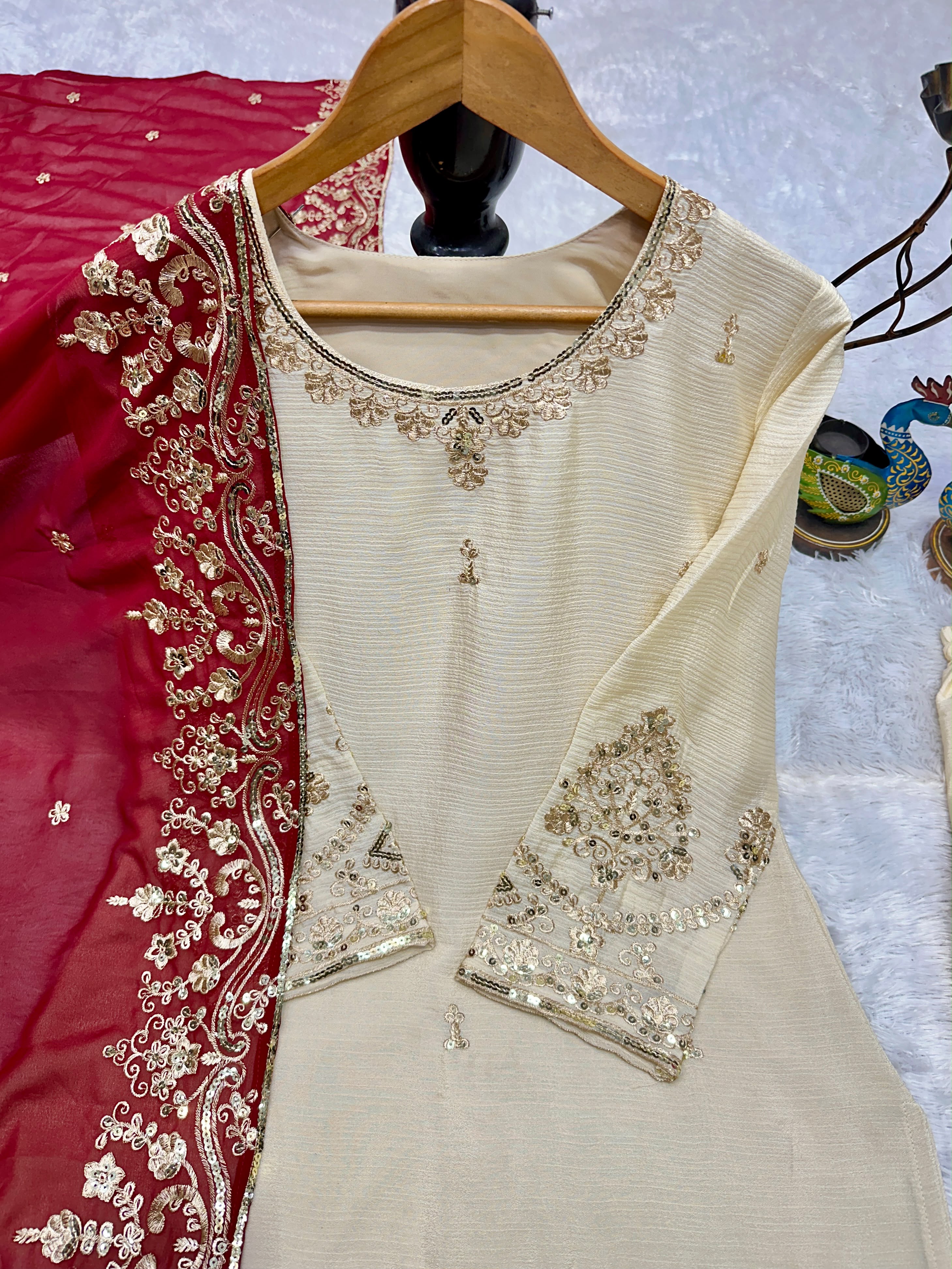 Designer Chinon Silk Palazzo Suit Set in Cream — photo 3
