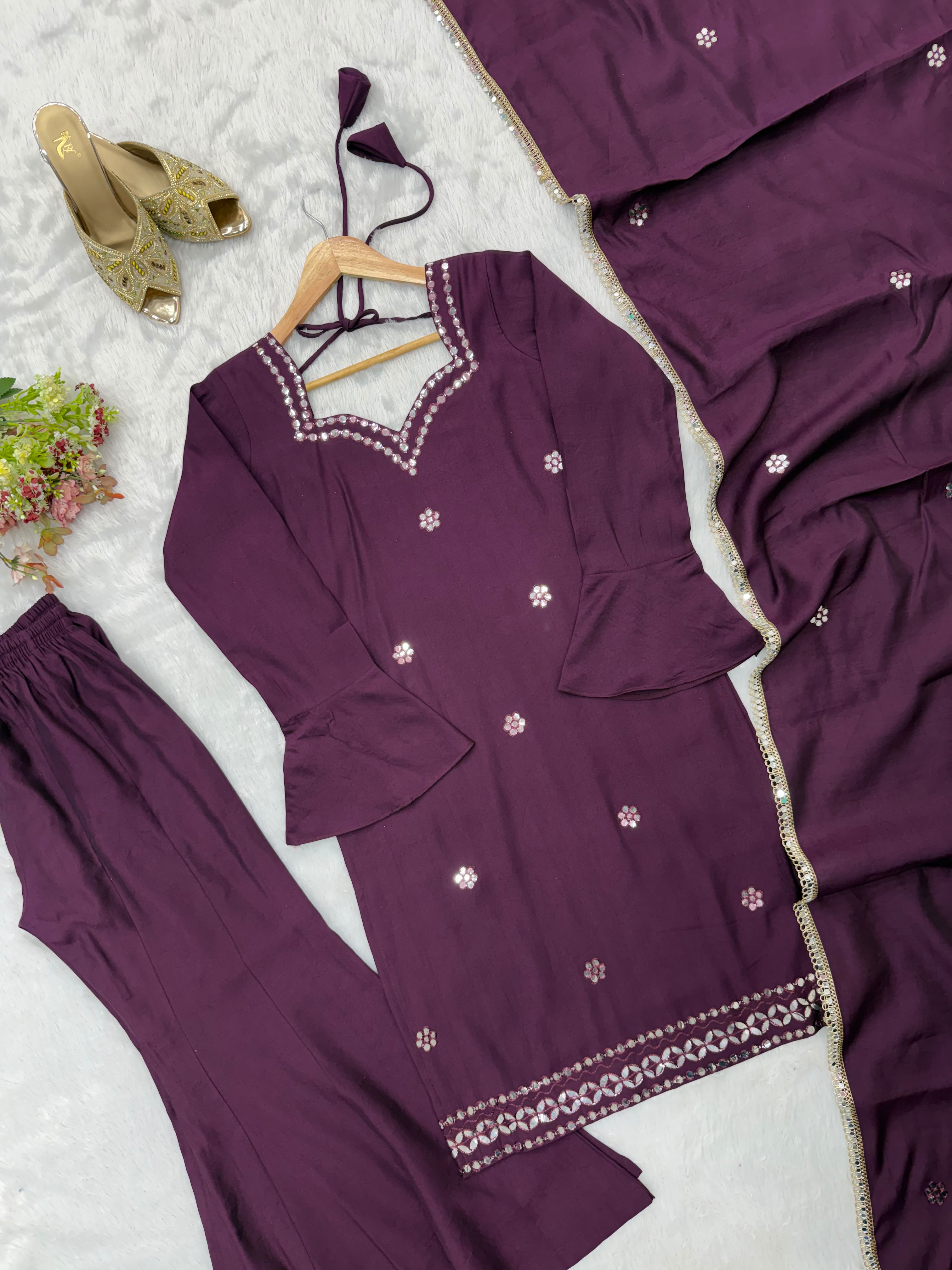 Designer Roman Silk Palazzo Set in Maroon — photo 2