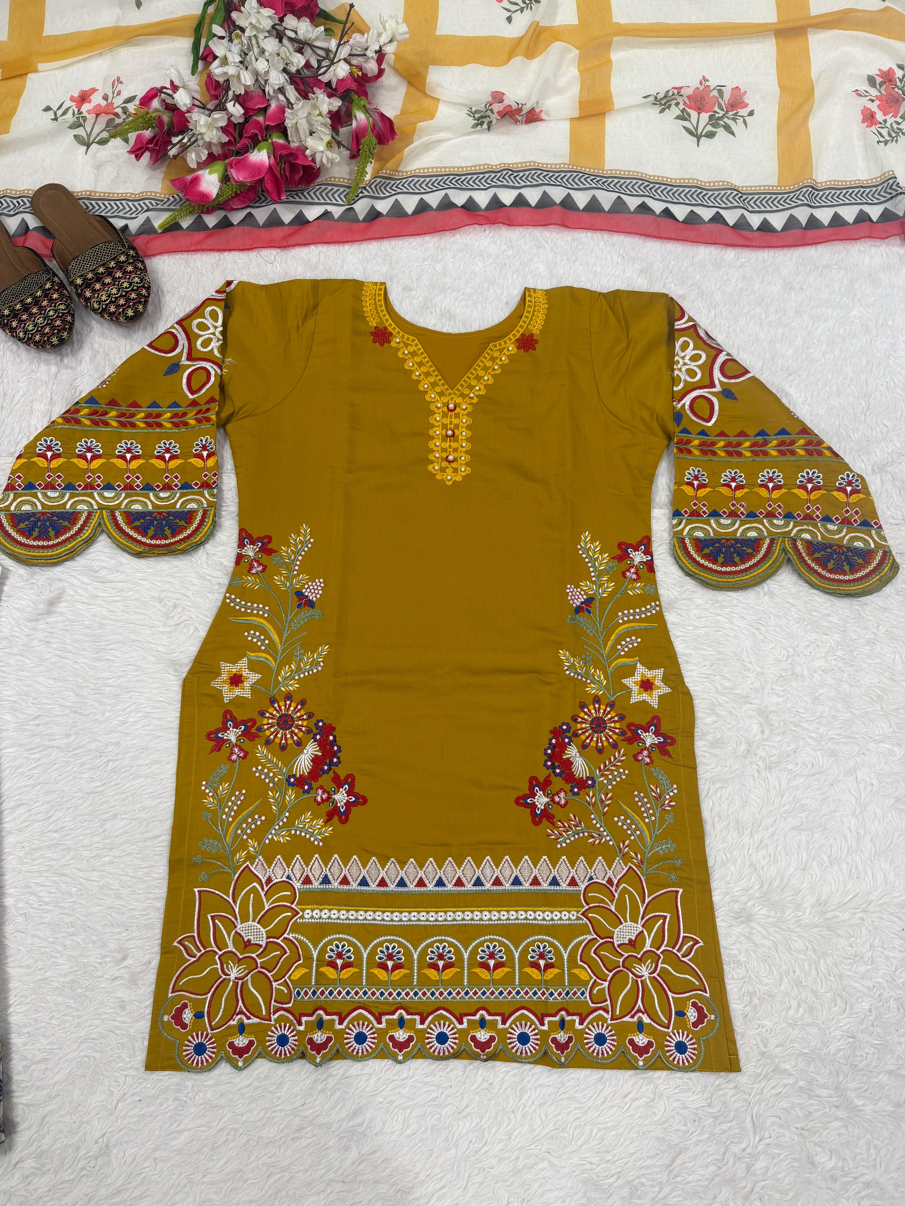 Designer Roman Cotton Palazzo Suit Set in Mustard — photo 2