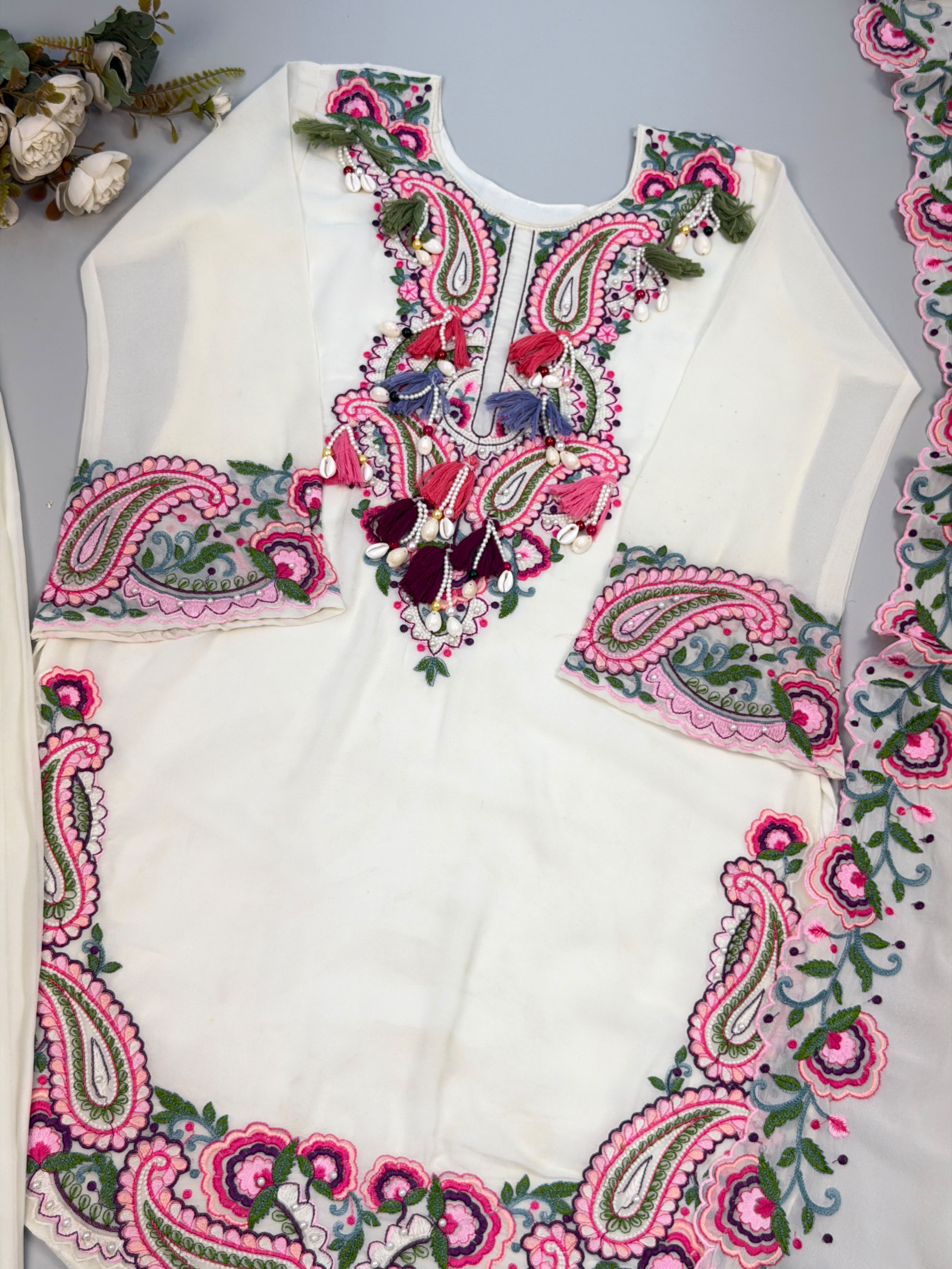 Elegant Heavy Georgette Farshi Suit Set in Cream — photo 2